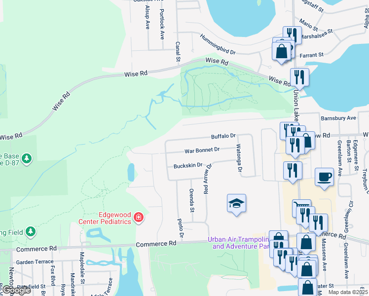map of restaurants, bars, coffee shops, grocery stores, and more near 8717 Buffalo Drive in Commerce Charter Township