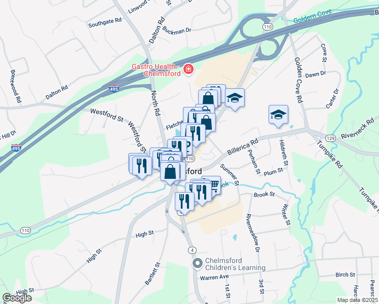 map of restaurants, bars, coffee shops, grocery stores, and more near 34 Chelmsford Street in Chelmsford