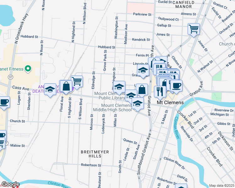 map of restaurants, bars, coffee shops, grocery stores, and more near 18 Washington Street in Mount Clemens