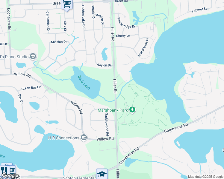 map of restaurants, bars, coffee shops, grocery stores, and more near 2609 Hiller Road in West Bloomfield Township