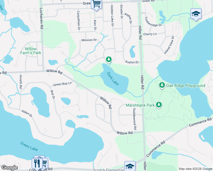 map of restaurants, bars, coffee shops, grocery stores, and more near 6150 Willow Road in West Bloomfield Township