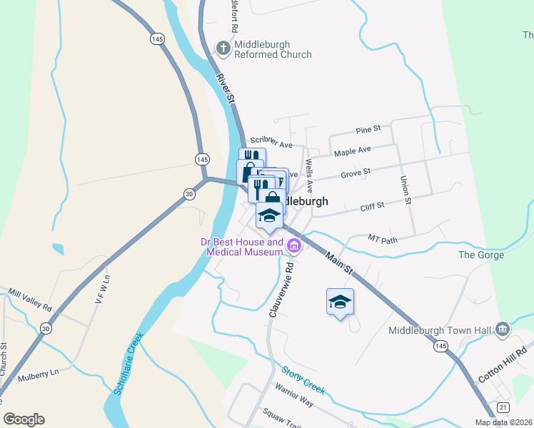 map of restaurants, bars, coffee shops, grocery stores, and more near 33 Railroad Avenue in Middleburgh