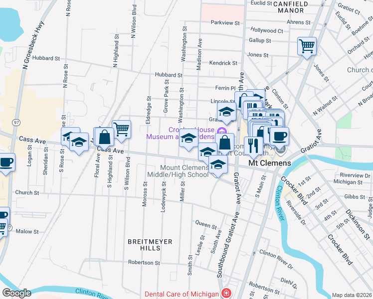 map of restaurants, bars, coffee shops, grocery stores, and more near 12 Washington Street in Mount Clemens