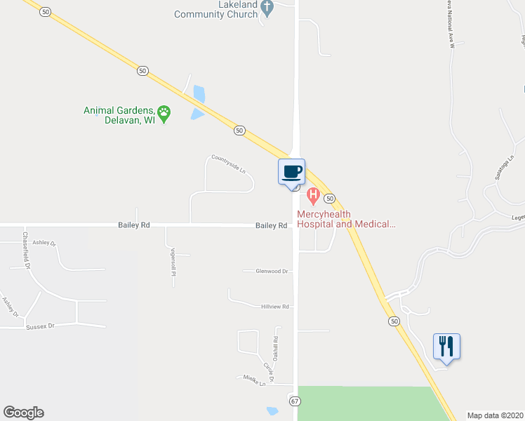 map of restaurants, bars, coffee shops, grocery stores, and more near 4932 Bailey Road in Delavan