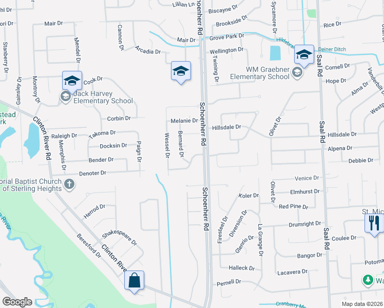 map of restaurants, bars, coffee shops, grocery stores, and more near 41186 Bernard Drive in Sterling Heights