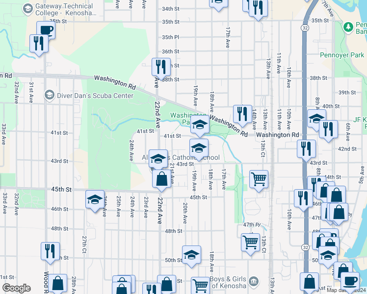 map of restaurants, bars, coffee shops, grocery stores, and more near 1920 42nd Street in Kenosha