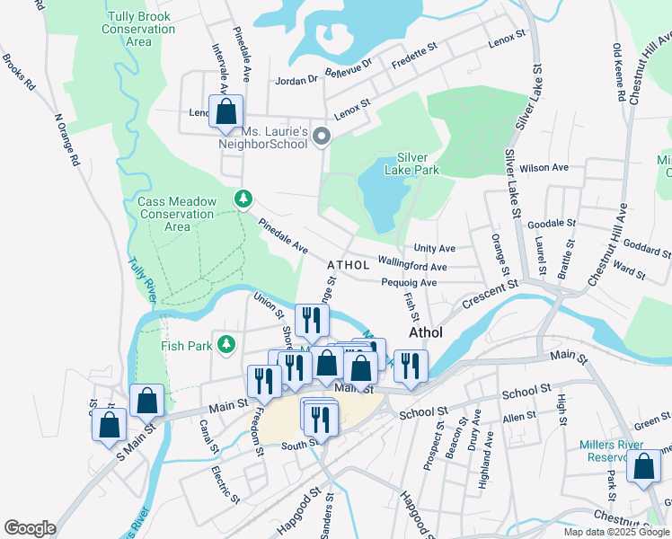 map of restaurants, bars, coffee shops, grocery stores, and more near 477 Exchange Street in Athol
