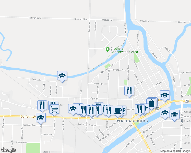 map of restaurants, bars, coffee shops, grocery stores, and more near 426 Running Creek Drive in Chatham-Kent