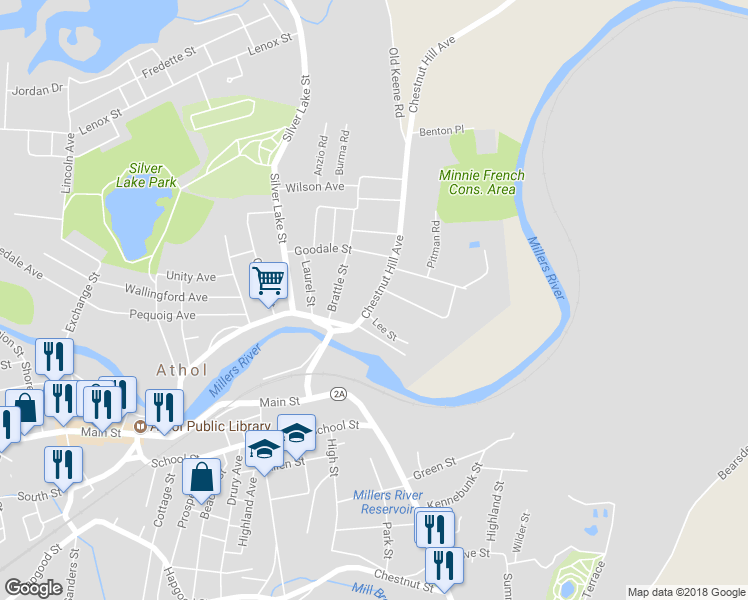 map of restaurants, bars, coffee shops, grocery stores, and more near 290 Chestnut Hill Avenue in Athol