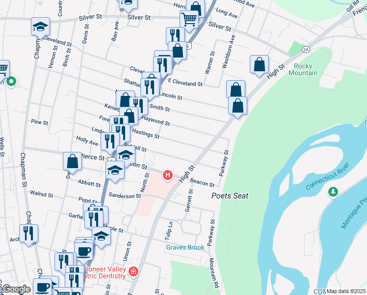 map of restaurants, bars, coffee shops, grocery stores, and more near 68 Hastings Street in Greenfield