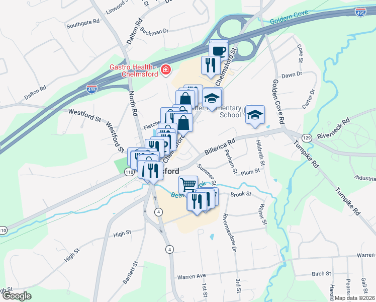 map of restaurants, bars, coffee shops, grocery stores, and more near Sinai Circle in Chelmsford