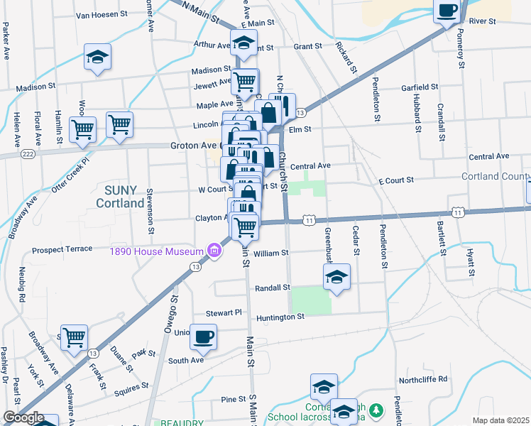 map of restaurants, bars, coffee shops, grocery stores, and more near 24-26 Port Watson St in Cortland