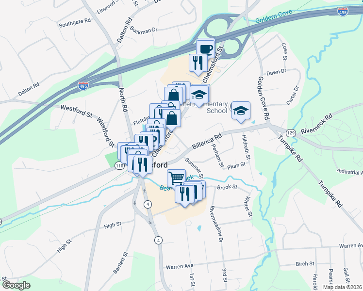 map of restaurants, bars, coffee shops, grocery stores, and more near 17 Wilson Street in Chelmsford