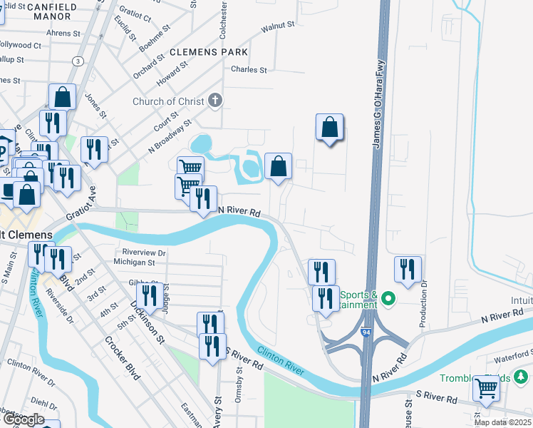 map of restaurants, bars, coffee shops, grocery stores, and more near 235 North River Road in Mount Clemens