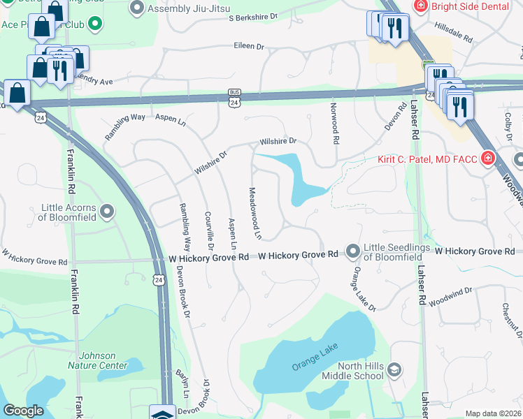 map of restaurants, bars, coffee shops, grocery stores, and more near 2863 Meadowood Lane in Bloomfield Township