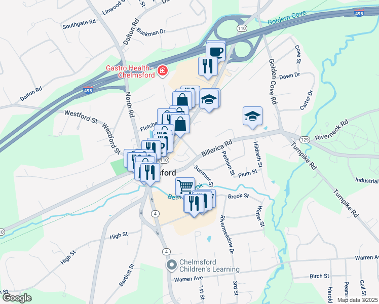 map of restaurants, bars, coffee shops, grocery stores, and more near 11 Wilson Street in Chelmsford