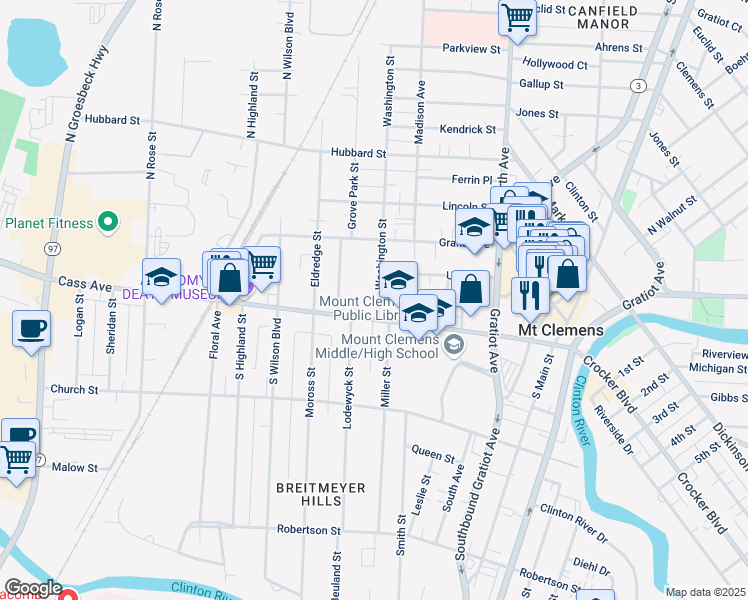 map of restaurants, bars, coffee shops, grocery stores, and more near 18 Washington Street in Mount Clemens