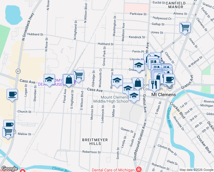 map of restaurants, bars, coffee shops, grocery stores, and more near 210 Cass Avenue in Mount Clemens