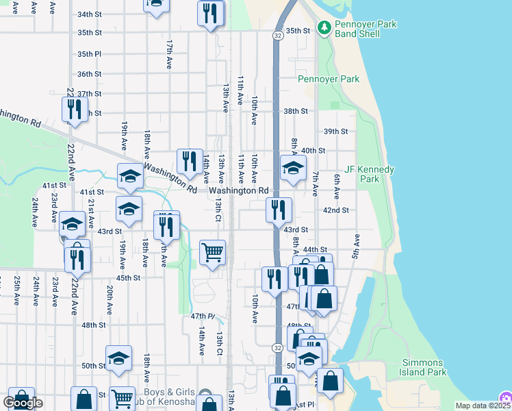 map of restaurants, bars, coffee shops, grocery stores, and more near 1009 Washington Road in Kenosha