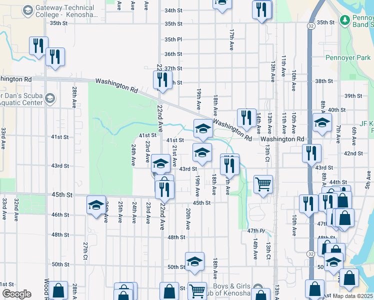 map of restaurants, bars, coffee shops, grocery stores, and more near 2011 41st Street in Kenosha