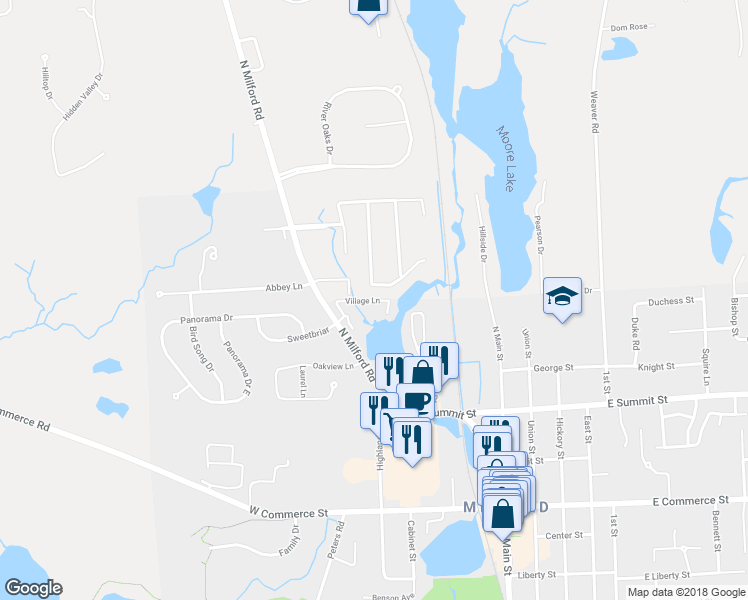 map of restaurants, bars, coffee shops, grocery stores, and more near 664 Village Lane in Milford Township