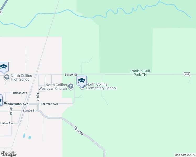 map of restaurants, bars, coffee shops, grocery stores, and more near 2291 School Street in North Collins