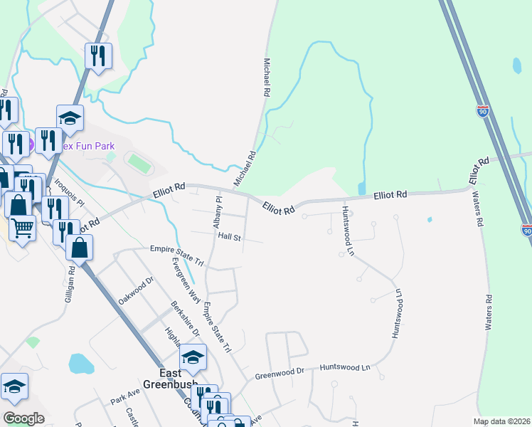 map of restaurants, bars, coffee shops, grocery stores, and more near 142 Elliot Road in East Greenbush
