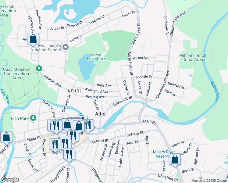 map of restaurants, bars, coffee shops, grocery stores, and more near 438 Wallingford Avenue in Athol