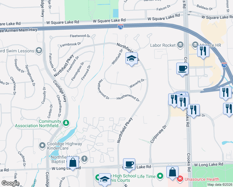 map of restaurants, bars, coffee shops, grocery stores, and more near 5555 Whitfield Court in Troy