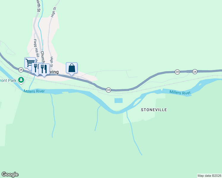 map of restaurants, bars, coffee shops, grocery stores, and more near 62 East Main Street in Erving