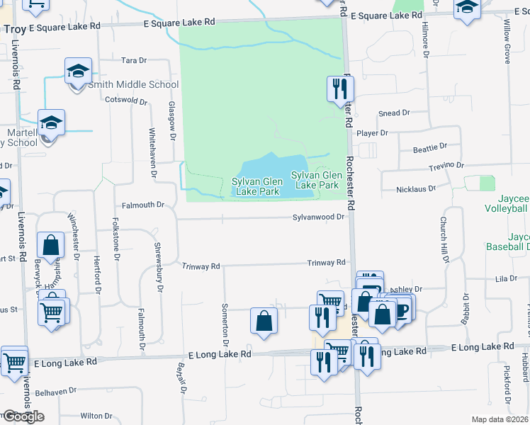map of restaurants, bars, coffee shops, grocery stores, and more near 725 Sylvanwood Drive in Troy
