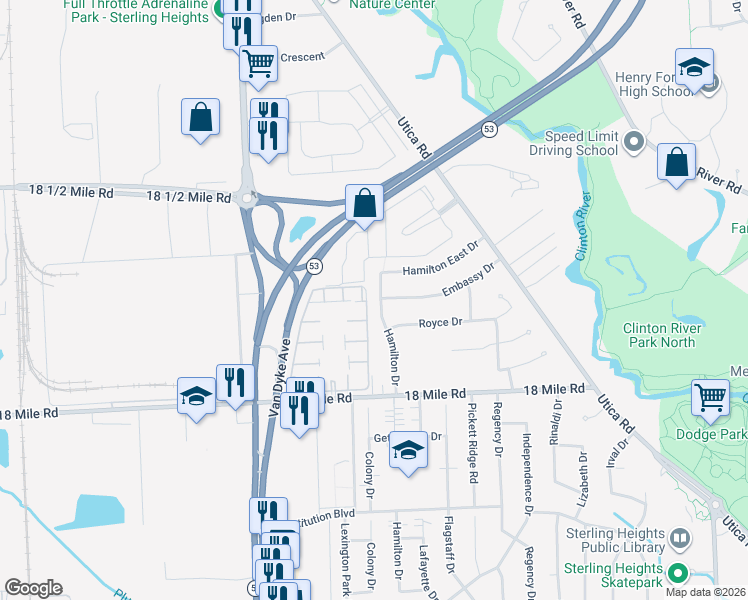 map of restaurants, bars, coffee shops, grocery stores, and more near 17 Embassy Drive in Sterling Heights