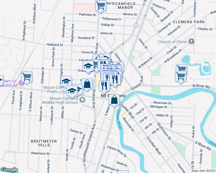map of restaurants, bars, coffee shops, grocery stores, and more near 63 Macomb Place in Mount Clemens