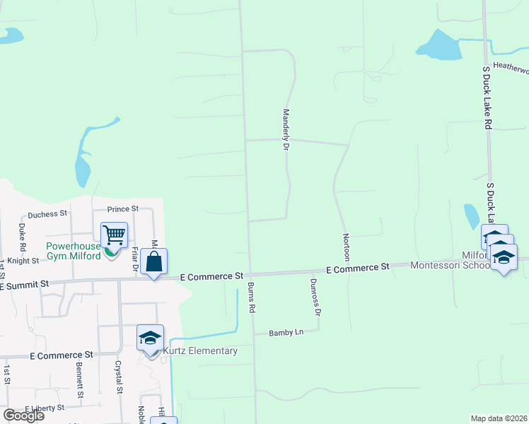 map of restaurants, bars, coffee shops, grocery stores, and more near 823 Manderly Drive in Milford Charter Township