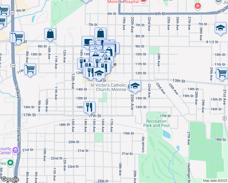 map of restaurants, bars, coffee shops, grocery stores, and more near 1410 17th Avenue in Monroe