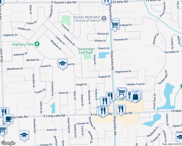 map of restaurants, bars, coffee shops, grocery stores, and more near 2808 Santia Road in Troy