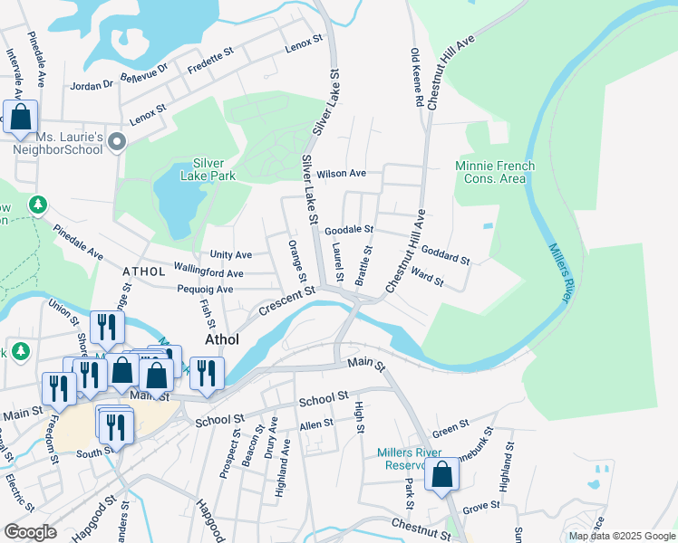 map of restaurants, bars, coffee shops, grocery stores, and more near 70 Brattle Street in Athol