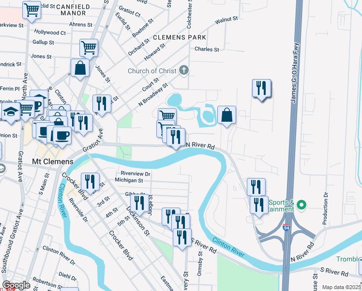 map of restaurants, bars, coffee shops, grocery stores, and more near 147 North River Court in Mount Clemens