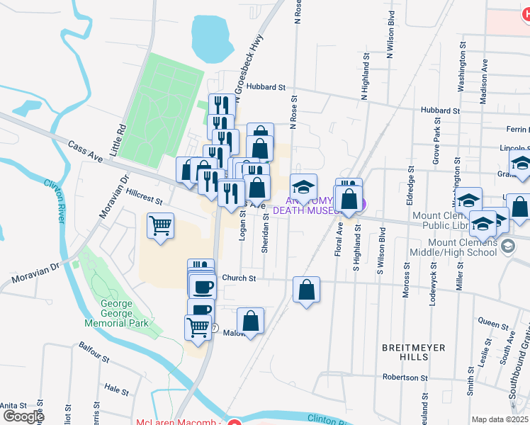 map of restaurants, bars, coffee shops, grocery stores, and more near 401 Cass Avenue in Mount Clemens
