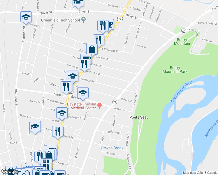 map of restaurants, bars, coffee shops, grocery stores, and more near 68 Hastings Street in Greenfield