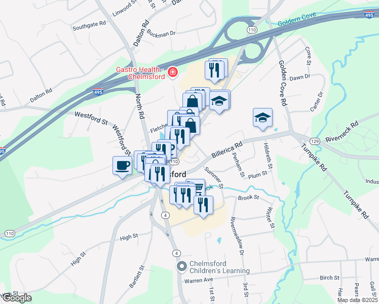 map of restaurants, bars, coffee shops, grocery stores, and more near 11 Wilson Street in Chelmsford