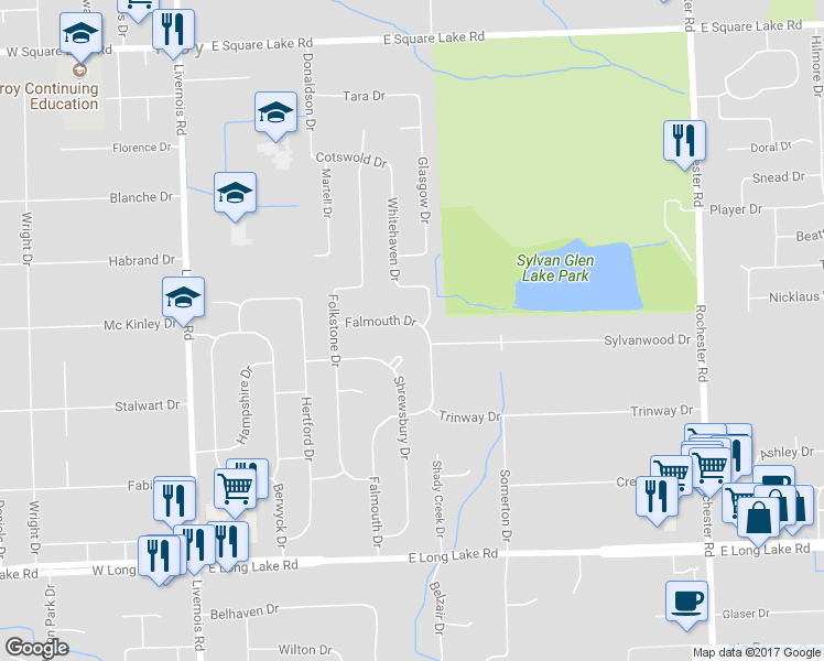 map of restaurants, bars, coffee shops, grocery stores, and more near 5473 Falmouth Drive in Troy