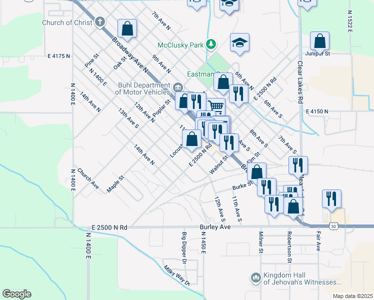map of restaurants, bars, coffee shops, grocery stores, and more near 120 12th Avenue North in Buhl