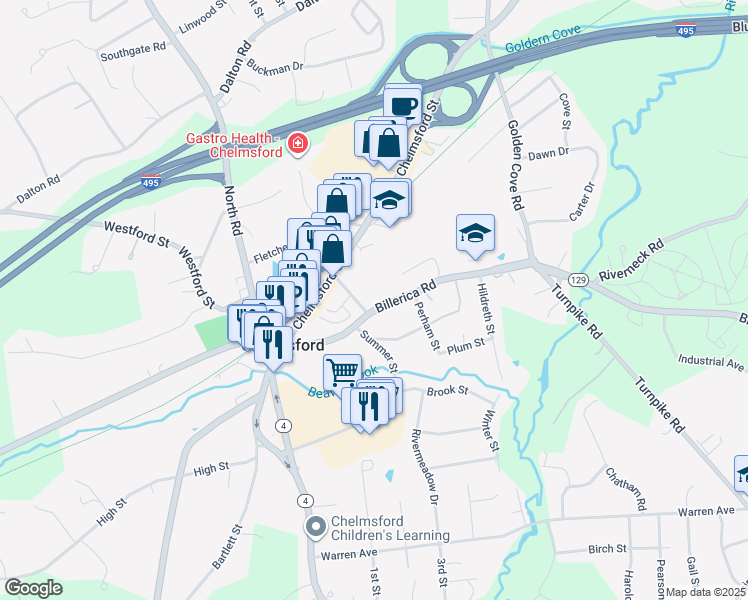 map of restaurants, bars, coffee shops, grocery stores, and more near 44 Billerica Road in Chelmsford