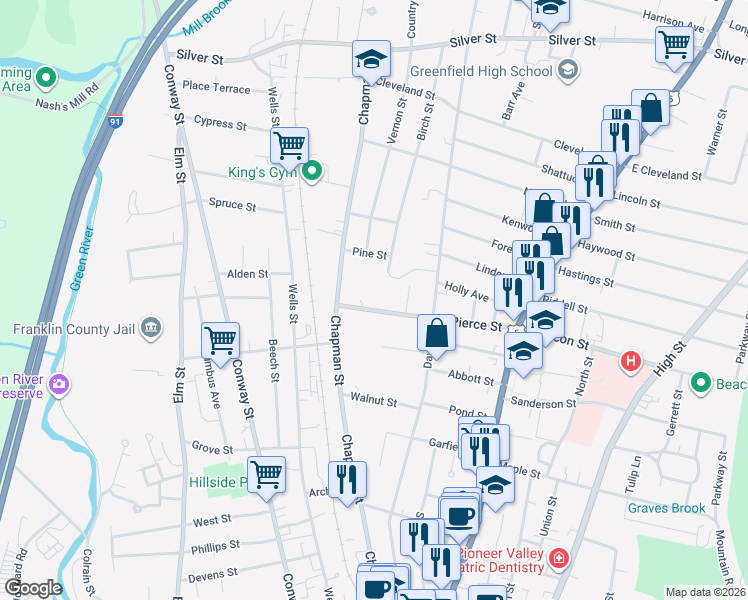 map of restaurants, bars, coffee shops, grocery stores, and more near 85 Pierce Street in Greenfield