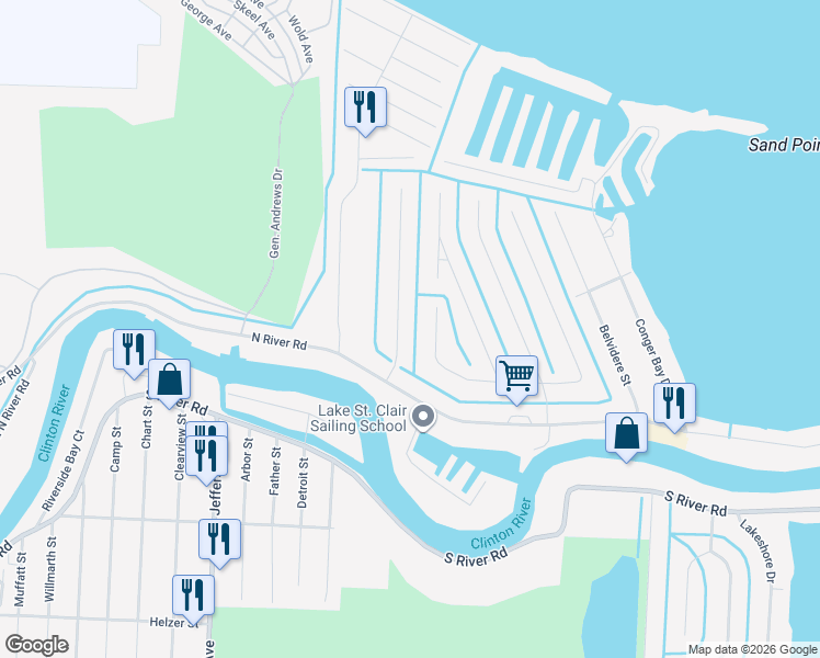 map of restaurants, bars, coffee shops, grocery stores, and more near 41300 Bayhaven Drive in Harrison Township