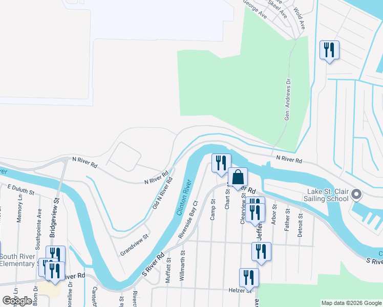 map of restaurants, bars, coffee shops, grocery stores, and more near 29756 North River Road in Harrison Township