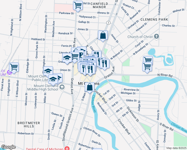 map of restaurants, bars, coffee shops, grocery stores, and more near 50 North Main Street in Mount Clemens
