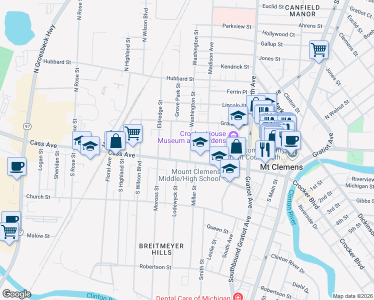 map of restaurants, bars, coffee shops, grocery stores, and more near 18 Washington Street in Mount Clemens