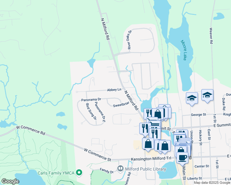map of restaurants, bars, coffee shops, grocery stores, and more near 739 Abbey Lane in Milford Charter Township